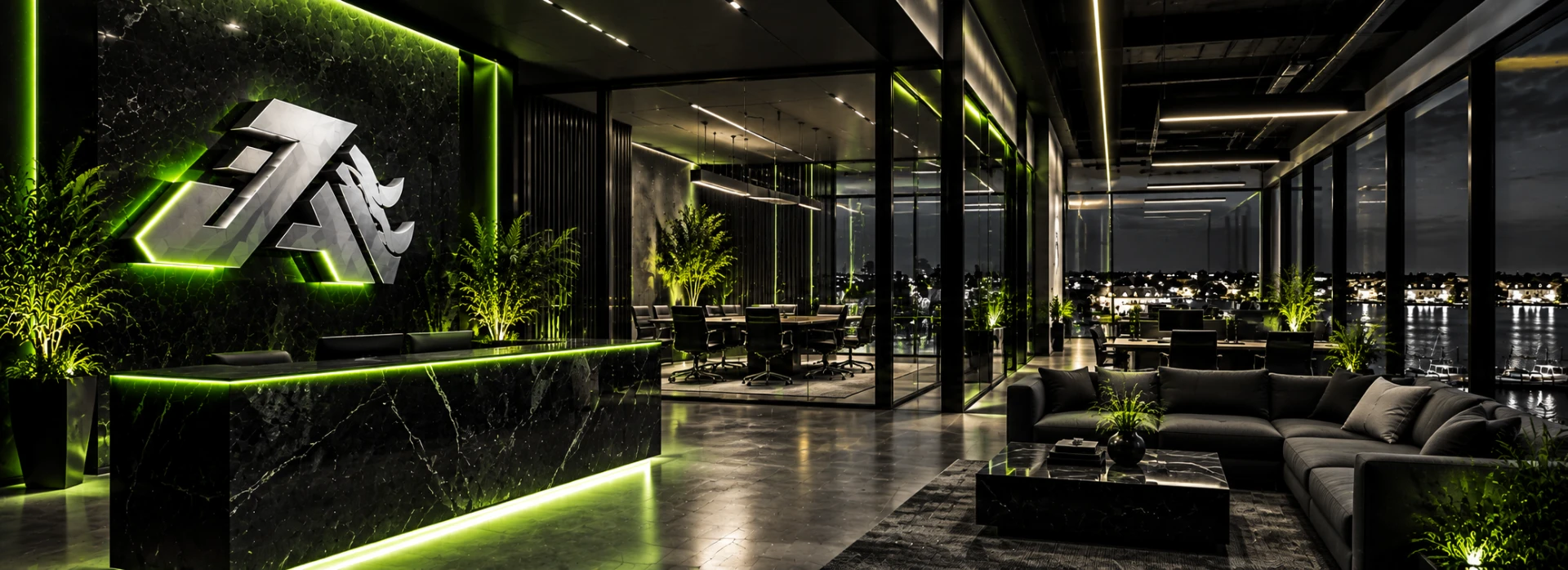 SEO Juggernaut office overlooking the waterfront at night