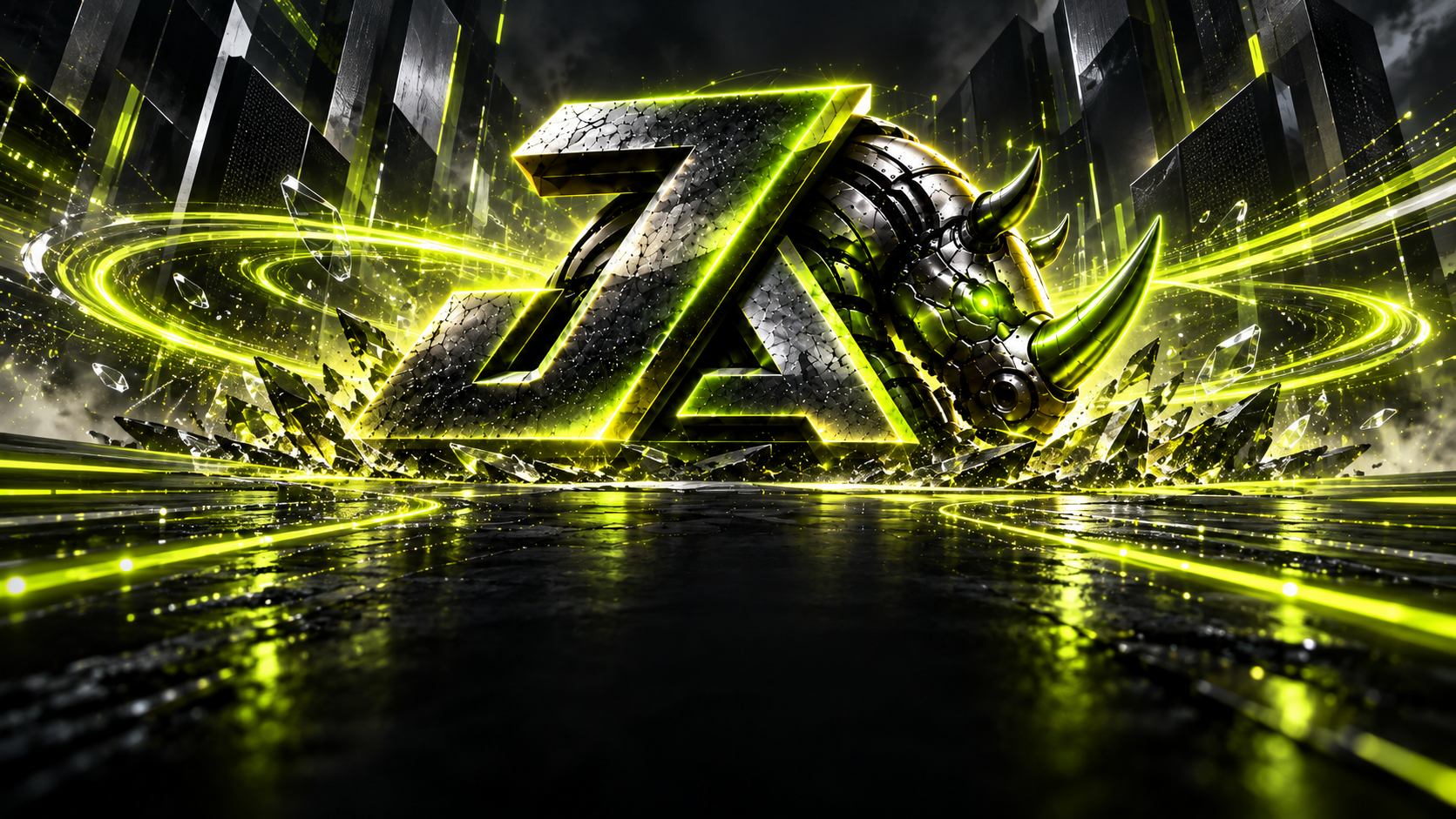Metallic Juggernaut emblem and armored rhinoceros surrounded by lime search-energy trails in a futuristic city
