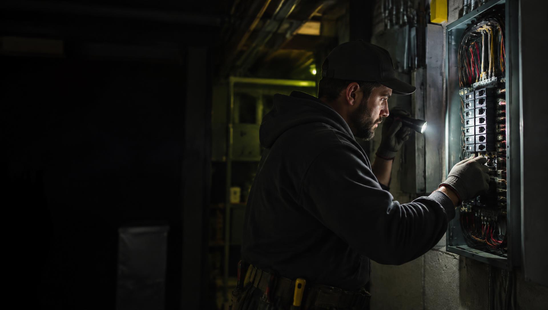 Electrician installing a new circuit breaker panel in a Long Island home, representing electrician SEO