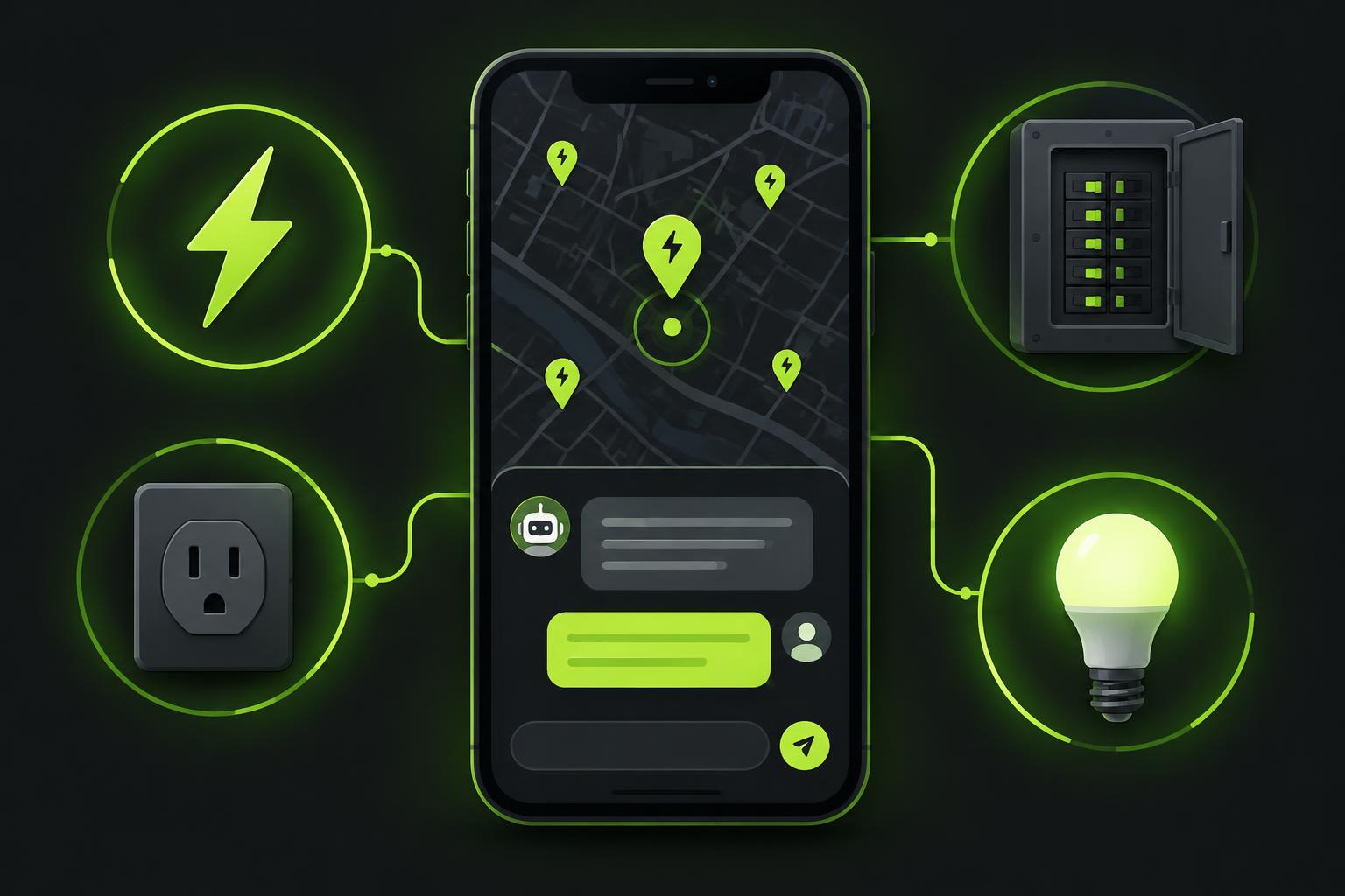 Illustration of search and AI results showing electricians and service calls near a neighborhood