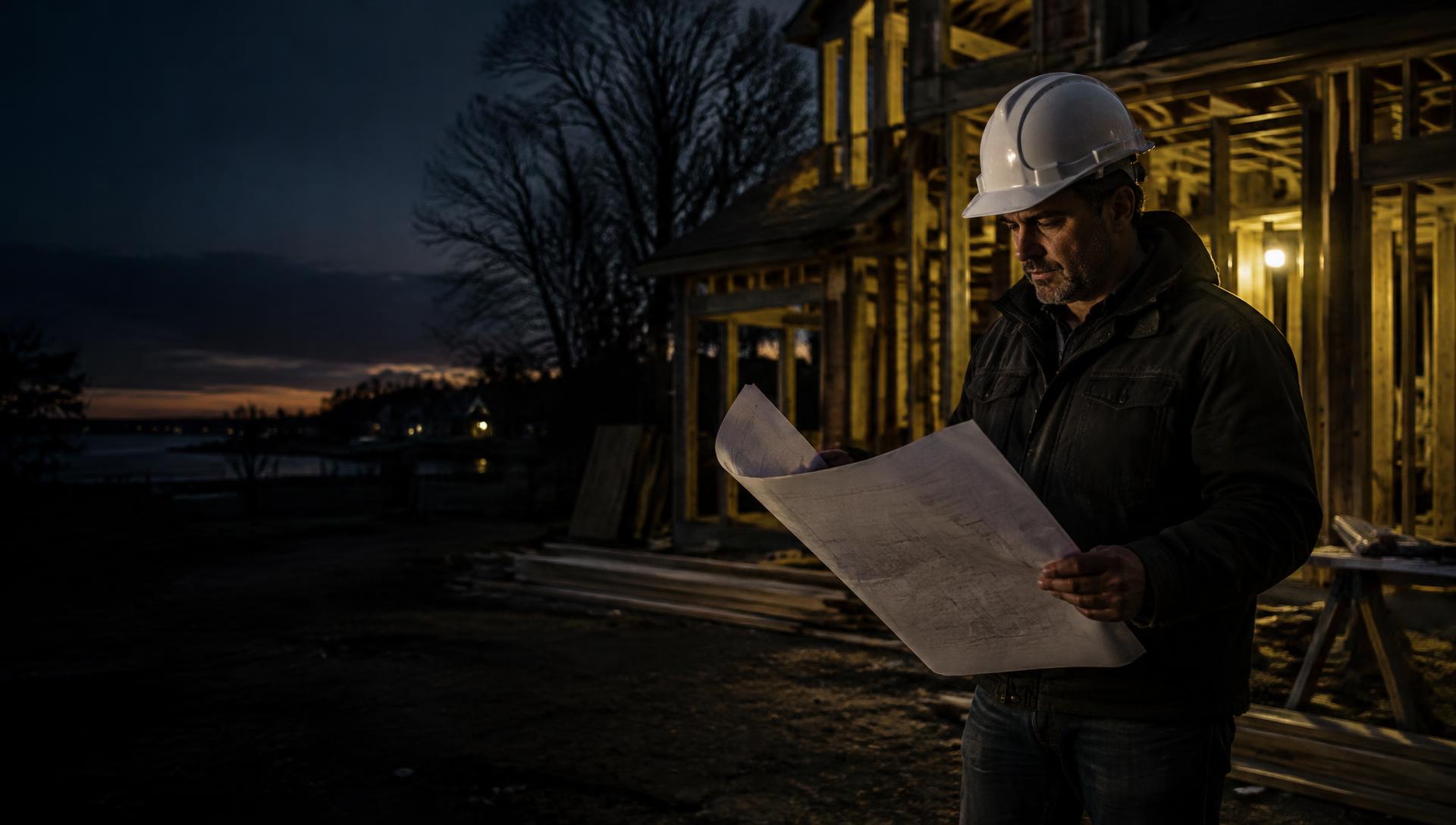 General contractor reviewing blueprints on a job site during a Long Island home addition, representing general contractor SEO