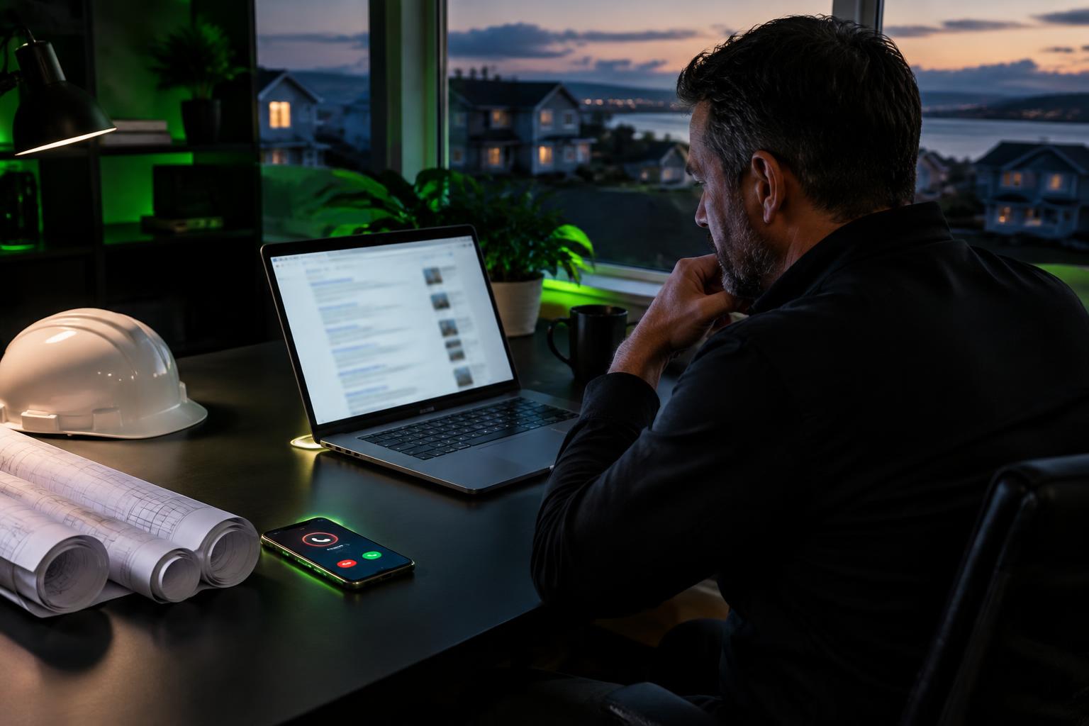 Contractor reviewing Google search results on a laptop as a customer call comes in
