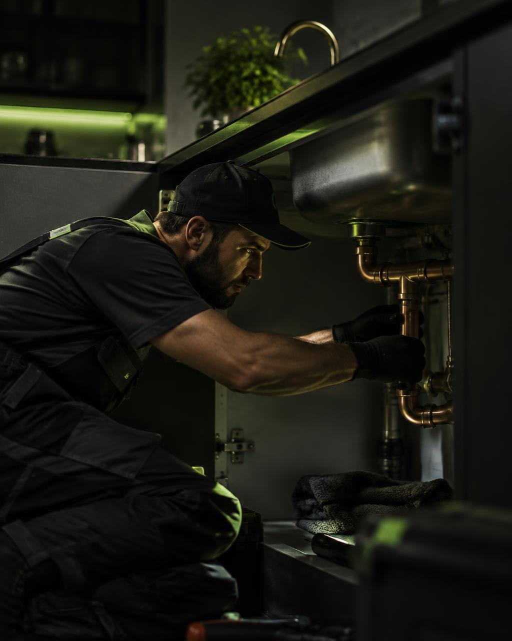 Plumber repairing a pipe under a sink in a Long Island home, representing plumbing SEO and emergency local search