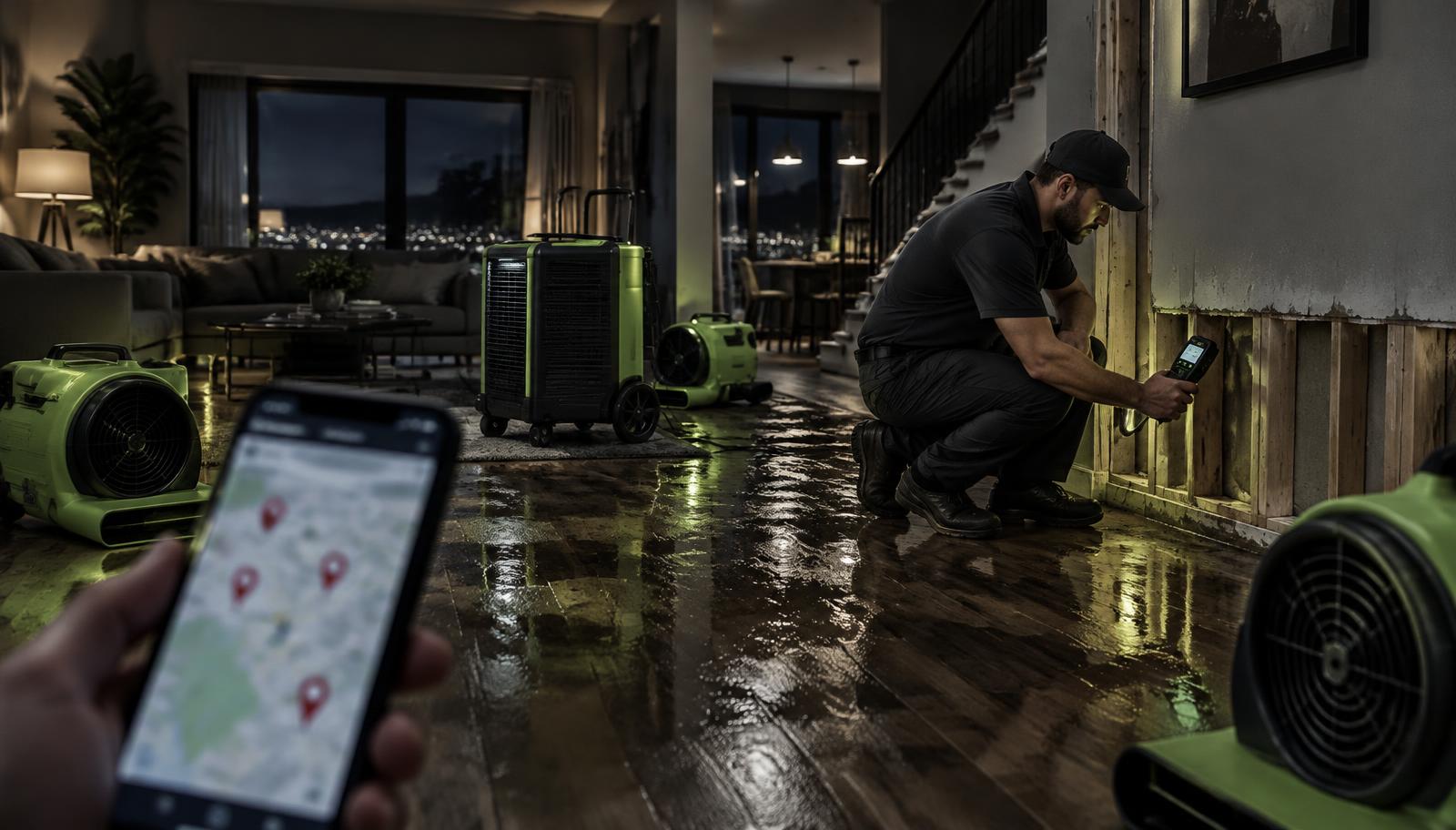 Restoration technician running industrial dryers in a flooded Long Island basement, representing water damage restoration SEO