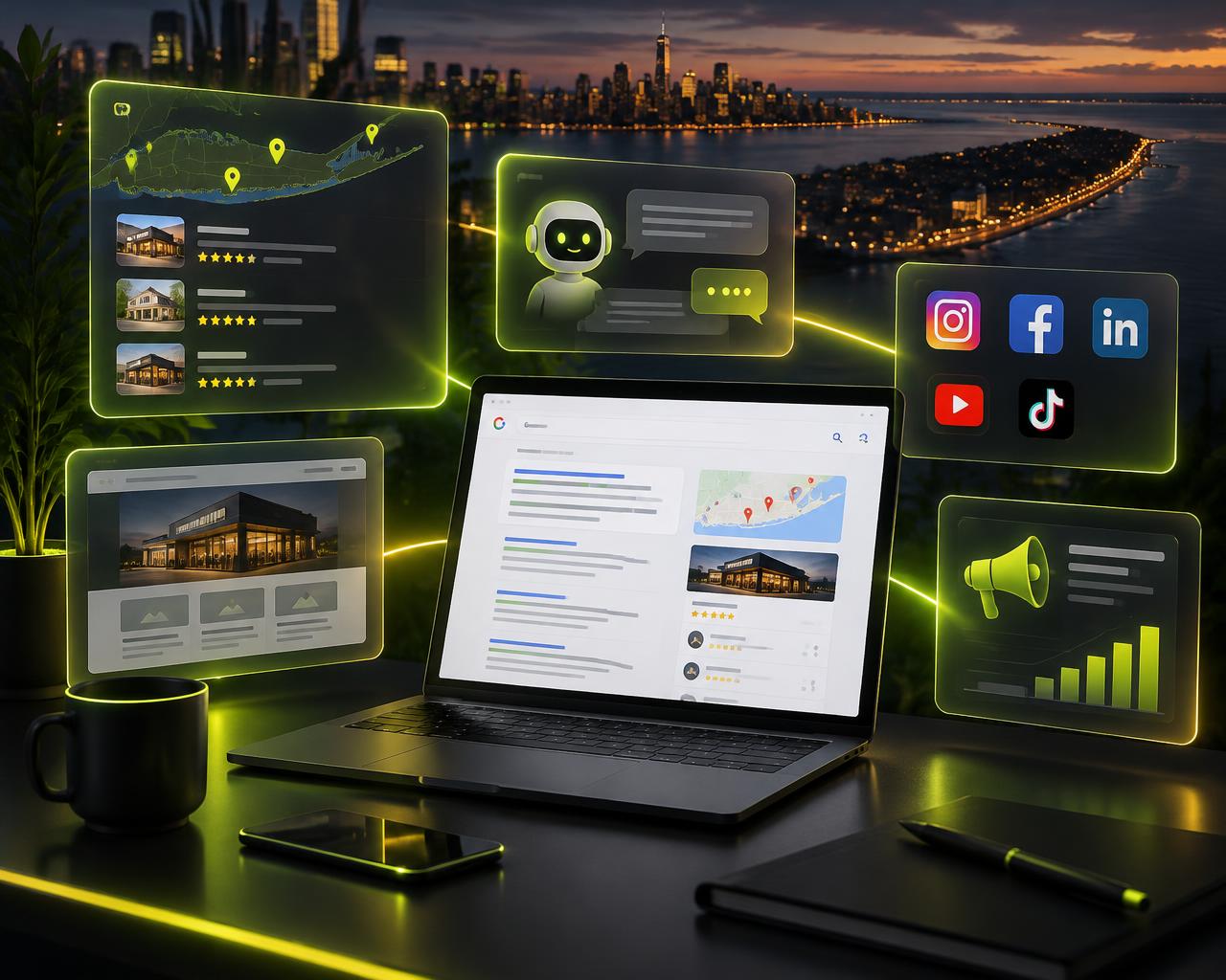 Laptop with Google search, Maps listings, AI assistant, social media and ad panels