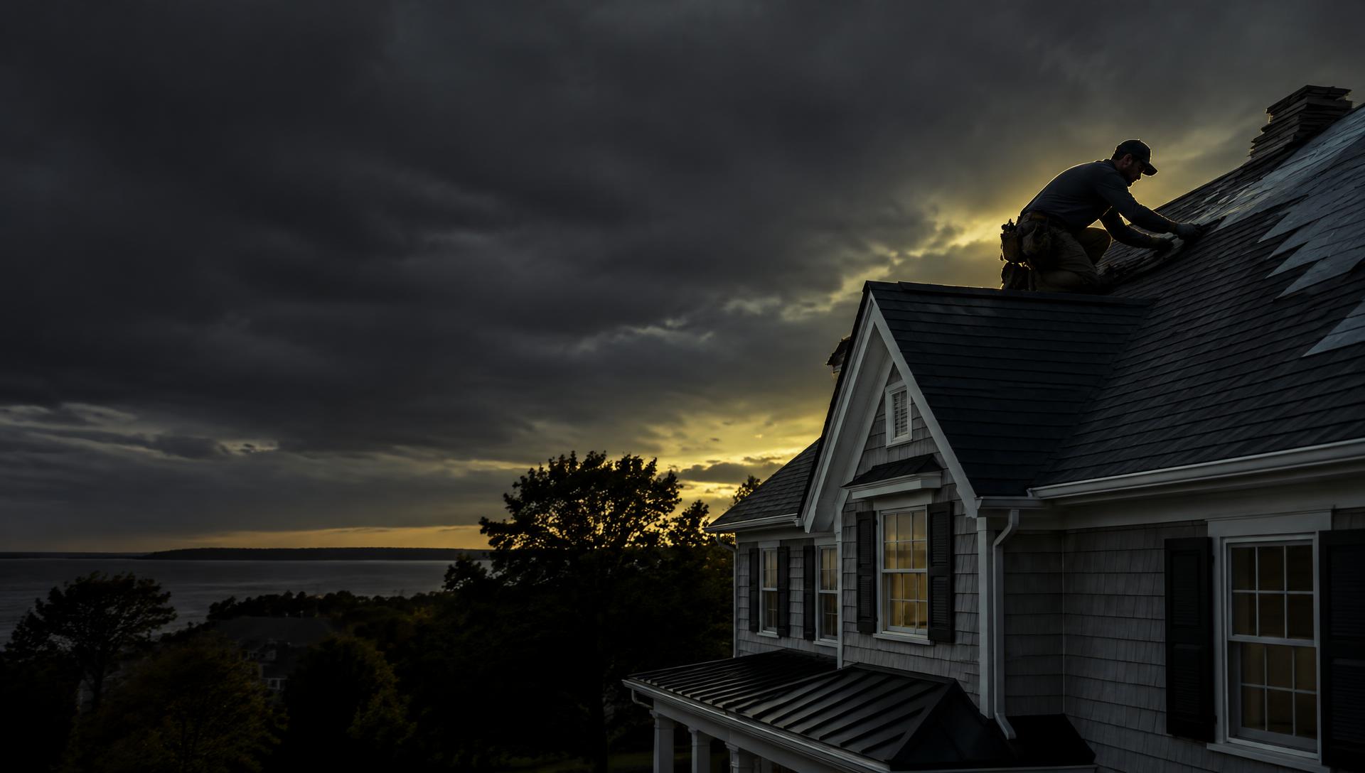Roofer installing architectural shingles on a Long Island home at dusk, representing roofing SEO and AI search